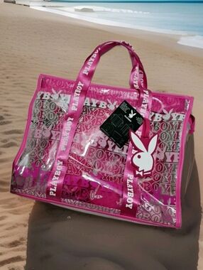 Playboy Signature Logo Hot Pink Clear Weekender Tote Bag Set